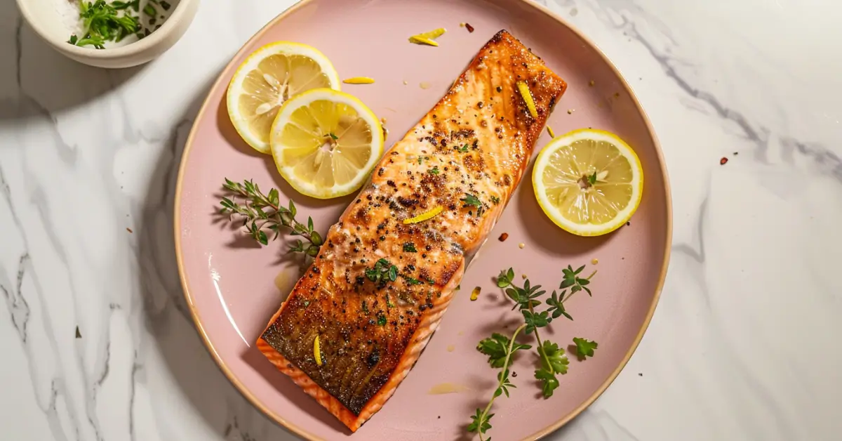 Frozen Salmon in Air Fryer - Air-fried salmon fillet on a plate with lemon garnish.