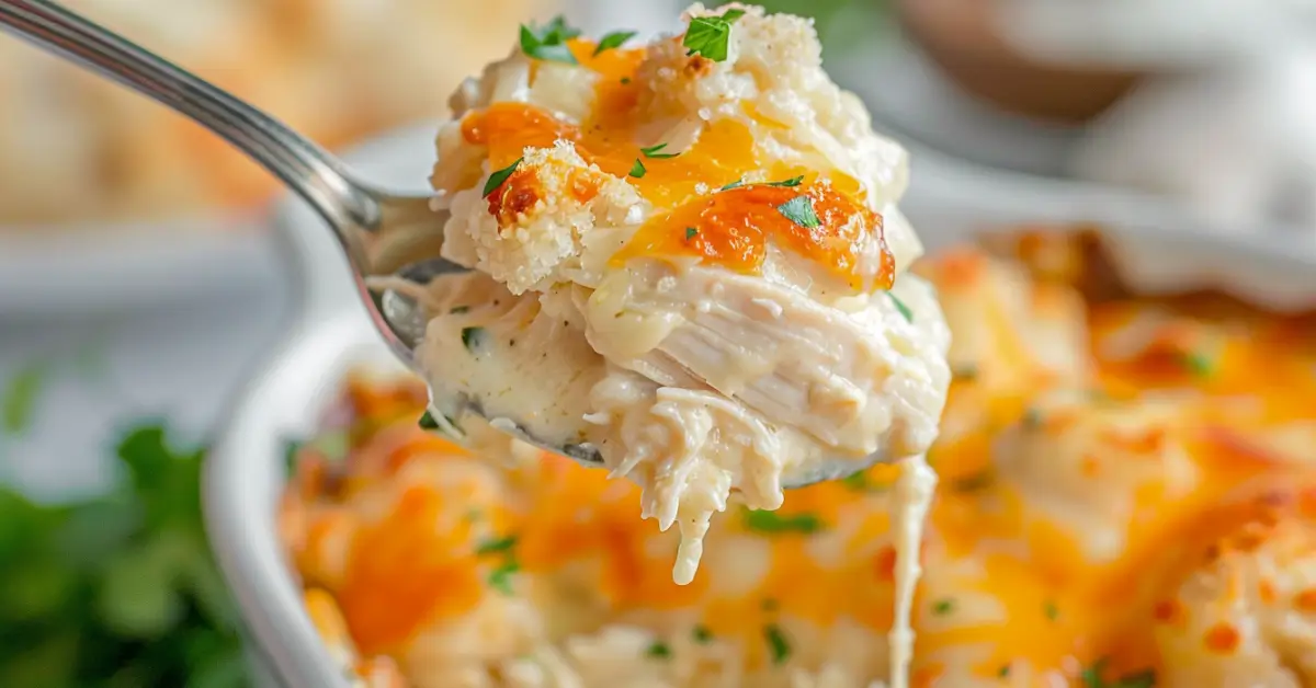 Million Dollar Chicken Casserole - Close-up of casserole on plate