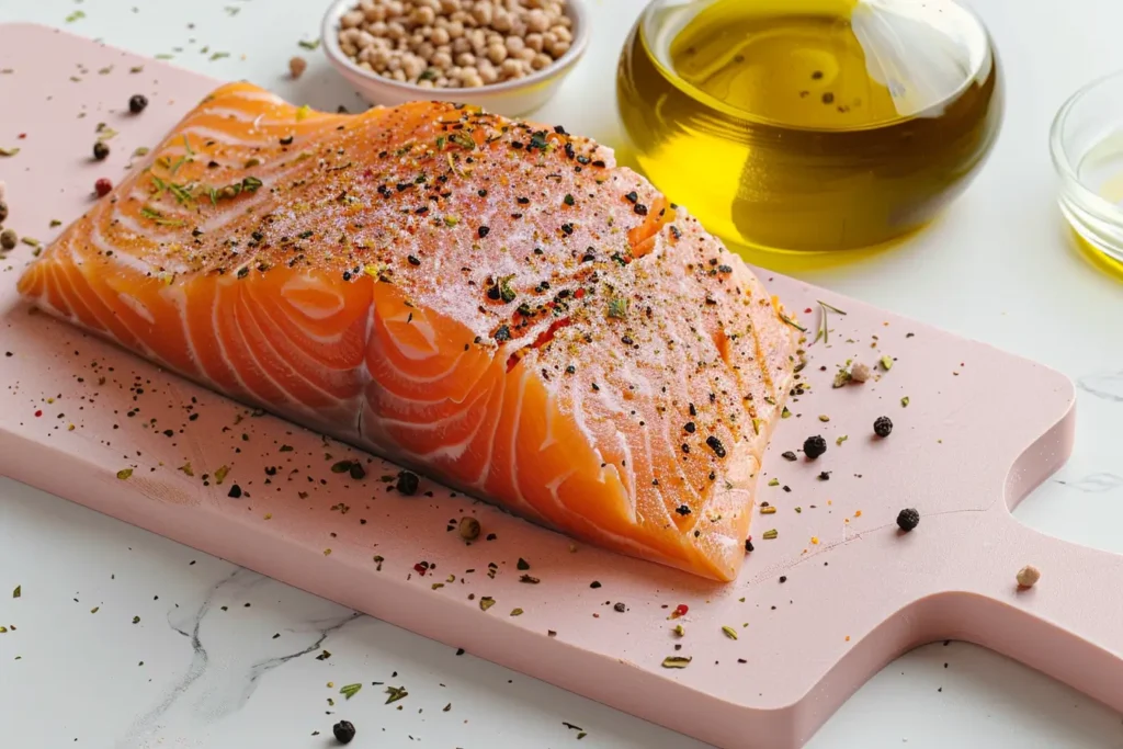 Frozen Salmon in Air Fryer - Frozen salmon fillet with seasoning and olive oil.