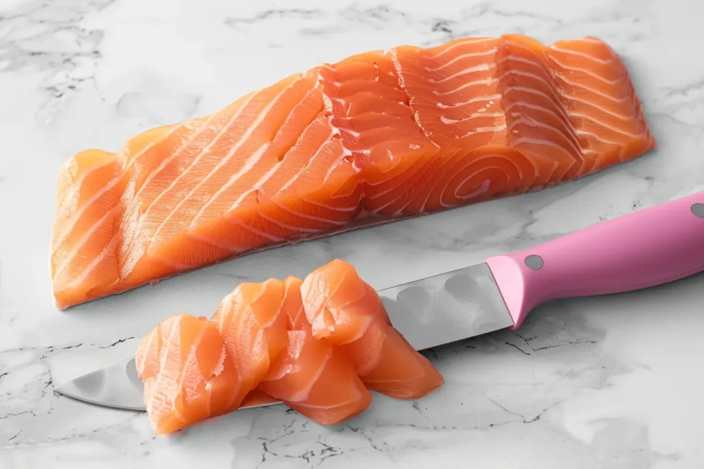 Slicing fresh salmon for sashimi