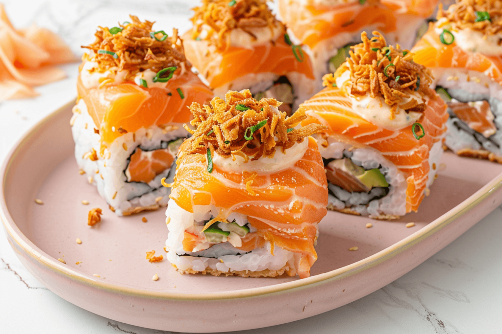 Close-up of salmon sushi bake