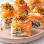 Close-up of salmon sushi bake