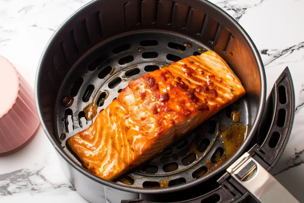 Frozen Salmon in Air Fryer - Salmon fillet cooking inside an air fryer