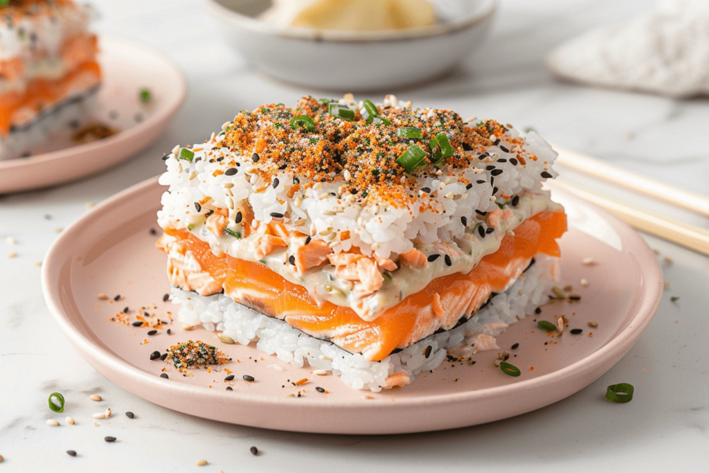 Layers of salmon sushi bake