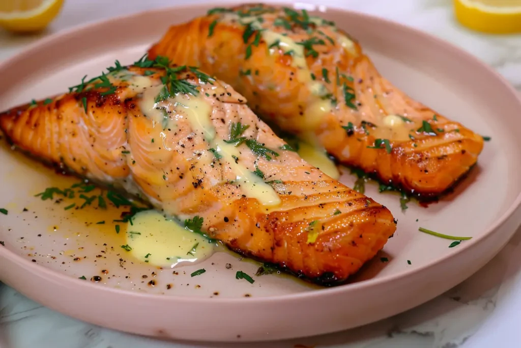 Frozen Salmon in Air Fryer - Perfectly cooked salmon fillet served with herbs