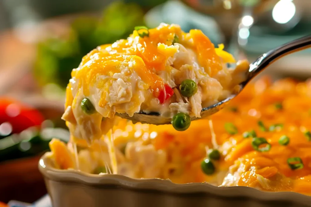 Million Dollar Chicken Casserole - Close-up of casserole on plate