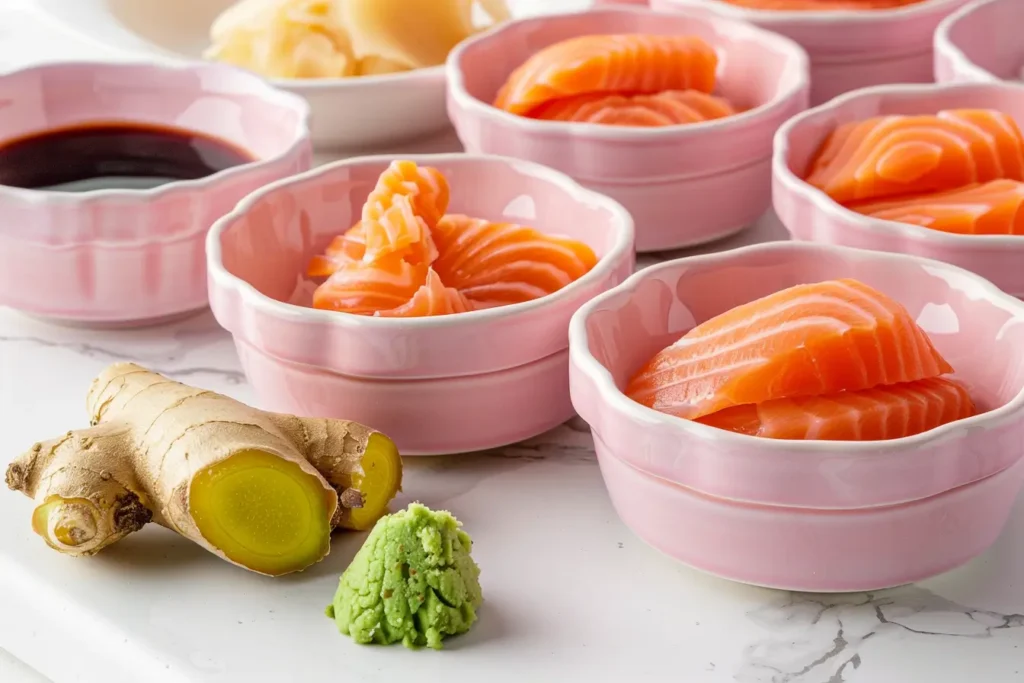 Salmon sashimi with dipping sauces