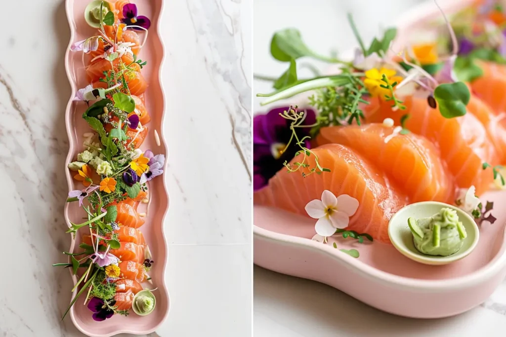 Salmon sashimi platter with garnishes